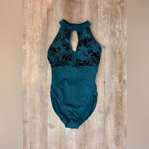 BLOCH ADULT GREEN OPEN BACK HALTER LEOTARD BLACK LACE SZ M